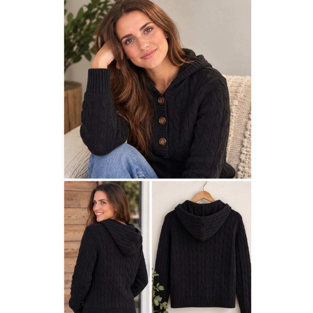 Tommy Hilfiger Cable Knit Hoodie Sweater Black Cotton Button Henley Womens L